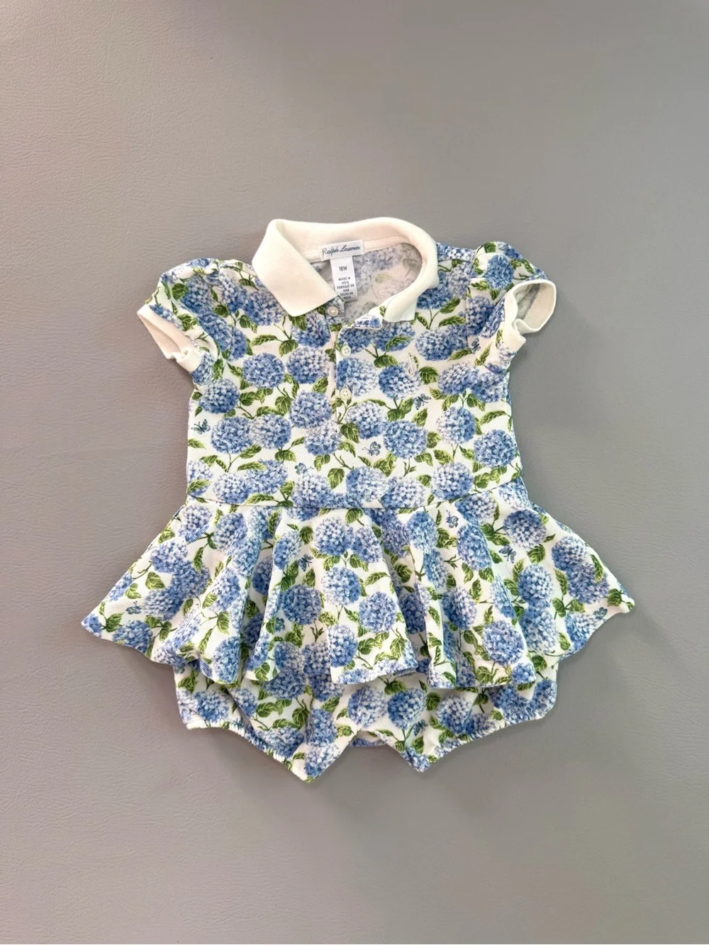 Ralph Lauren Baby Blue Hydrangea Polo Romper Dress 18M Garden Party Dress